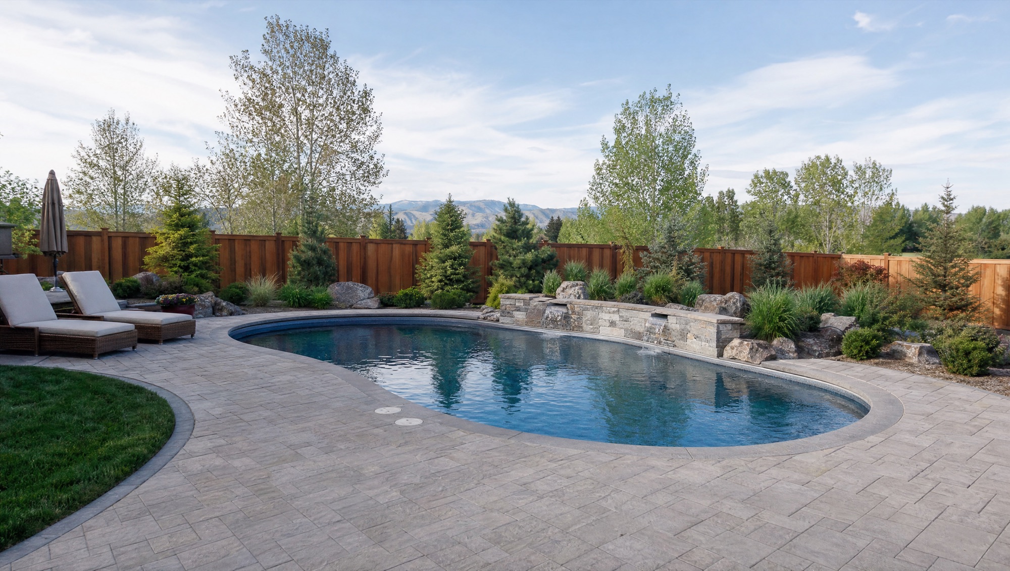 Textured paver pool deck surrounding an in-ground pool in an upscale Boise, Idaho backyard
