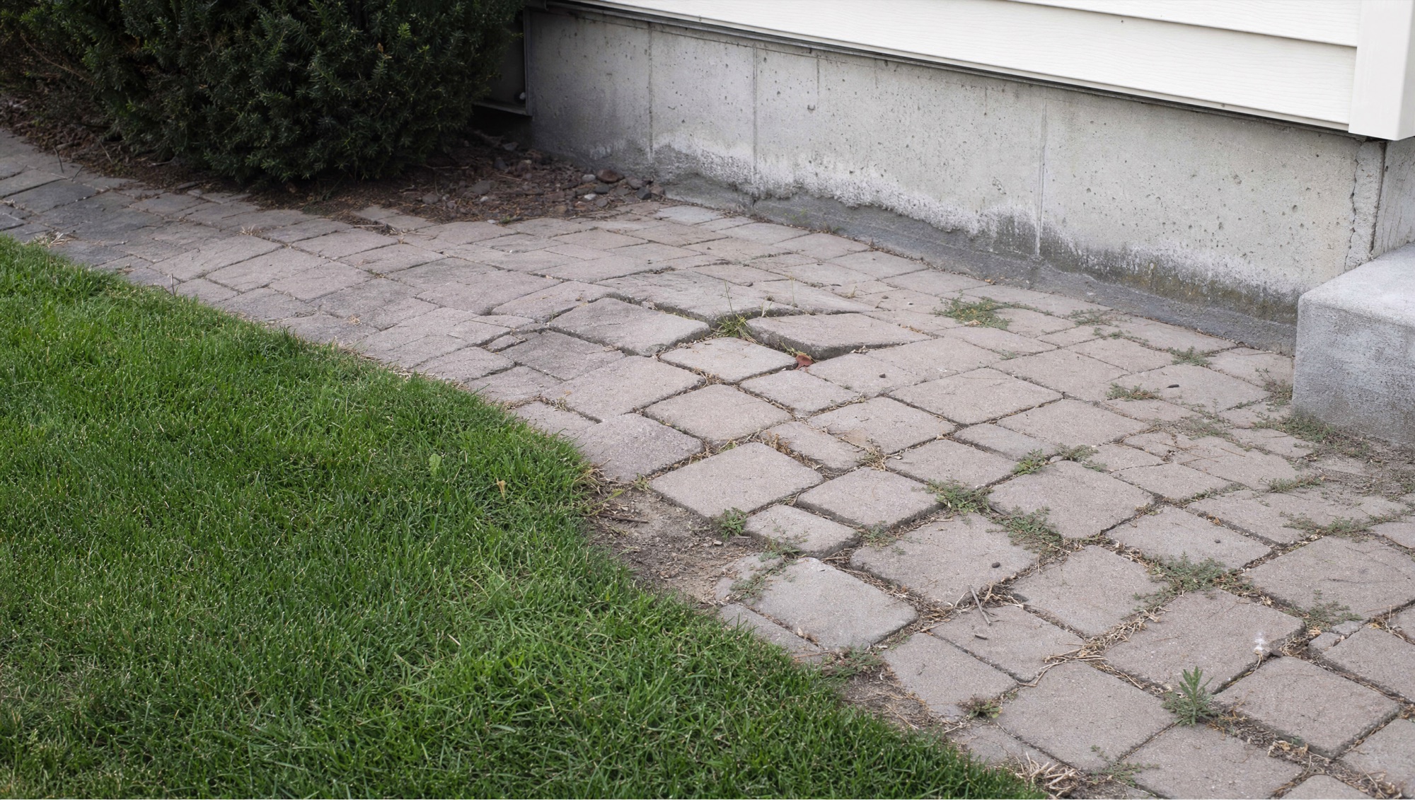 Failed paver walkway with heaved, uneven pavers and weeds growing in the joints beside a home foundation