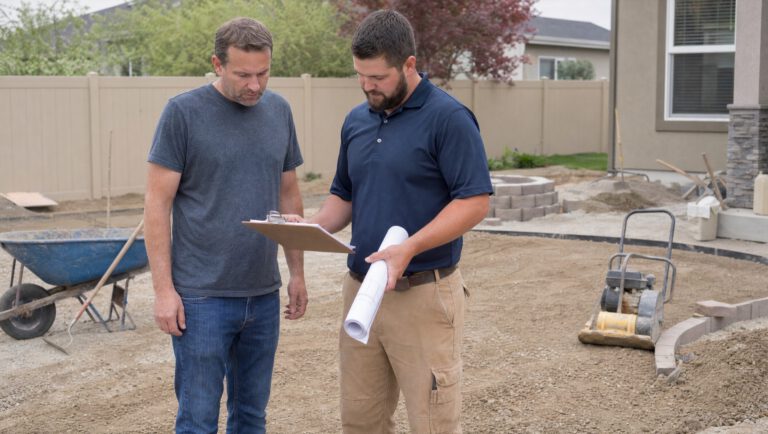 A homeowner and a hardscape contractor reviewing plans on a clipboard at a backyard job site