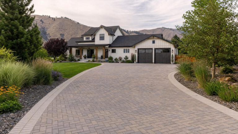 Wide curving herringbone paver driveway leading to a modern farmhouse home with foothills behind