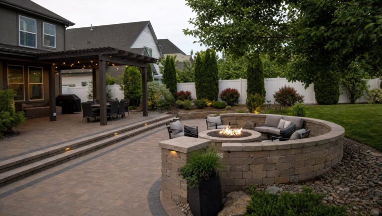 Multi-level paver patio with a raised seating wall, built-in fire pit, and pergola in a premium backyard