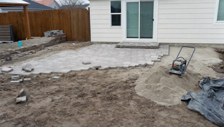 A botched, abandoned paver patio job with uneven pavers, loose sand, and an idle plate compactor