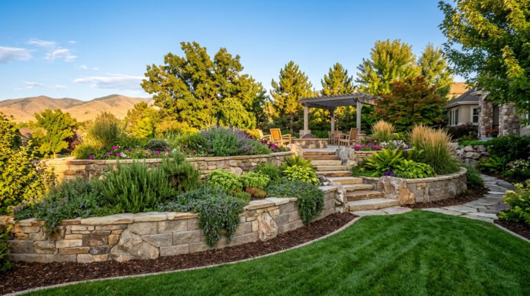 Engineered paver retaining wall in a Treasure Valley residential landscape