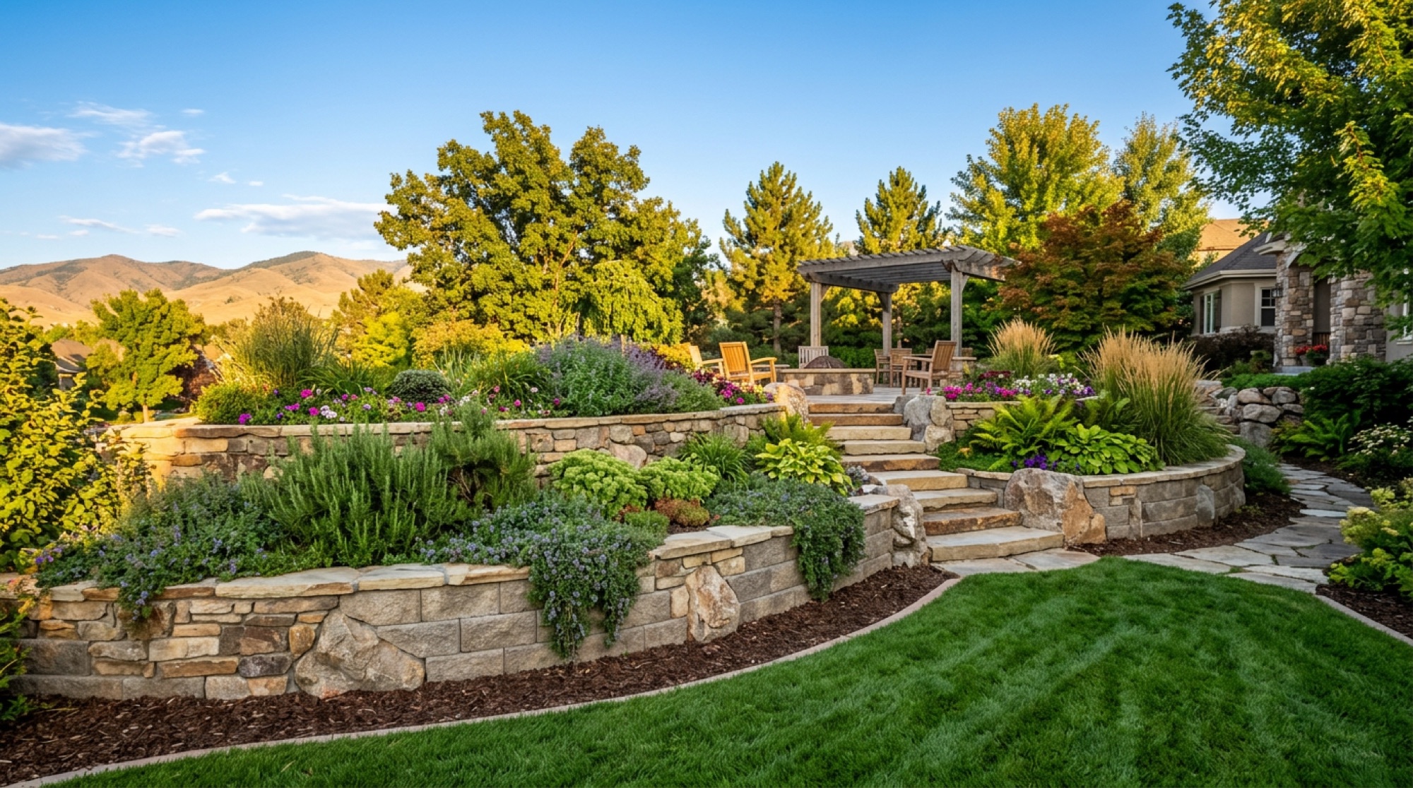 Engineered paver retaining wall in a Treasure Valley residential landscape