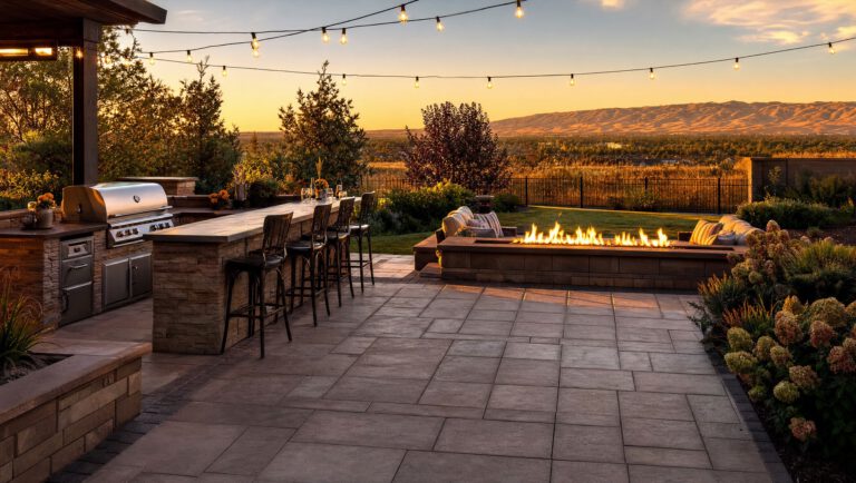 Golden-hour backyard outdoor living space with a built-in paver outdoor kitchen, bar seating, and a linear fire feature with foothills behind