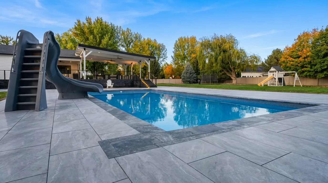 Porcelain pool deck with waterslide in Nampa, Idaho