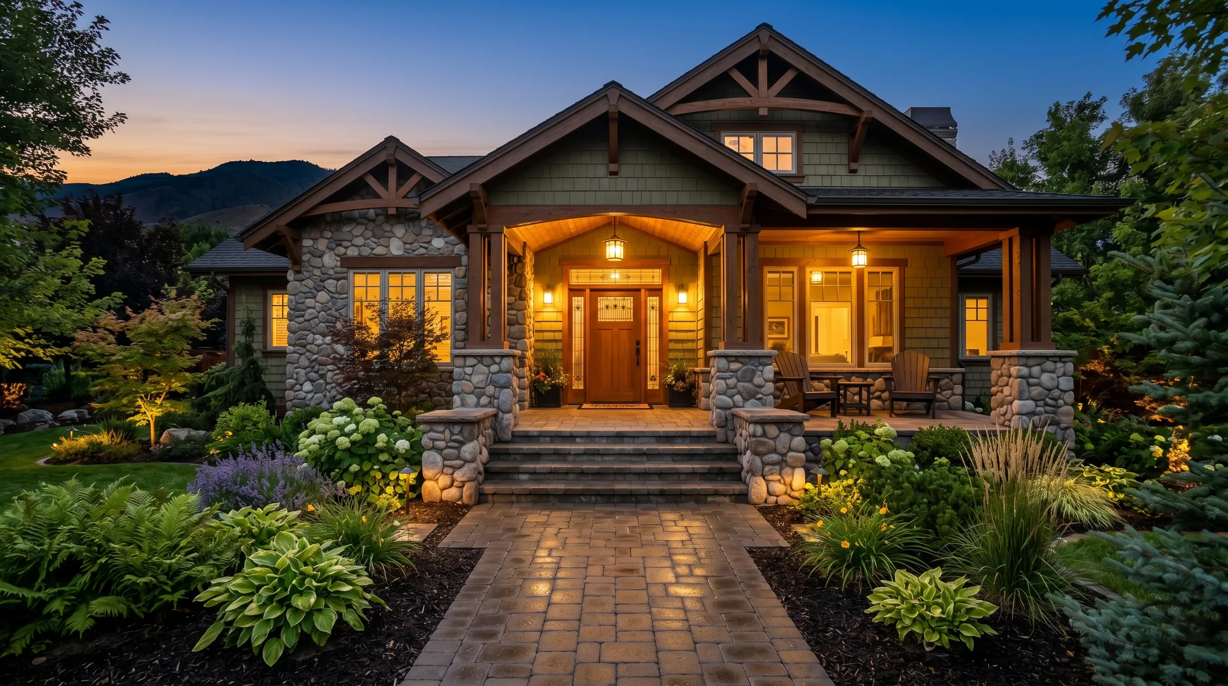 Paver walkway and entry steps at dusk on a craftsman home in Boise, Idaho