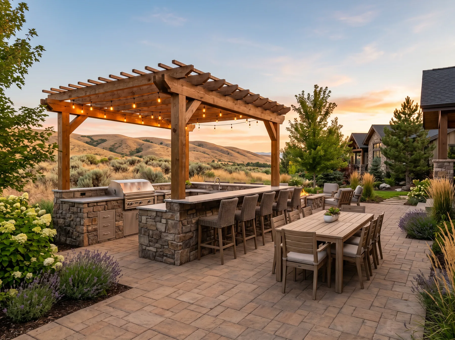 Outdoor kitchen and fire pit area built by Nostalgic Paver Systems in Star, Idaho