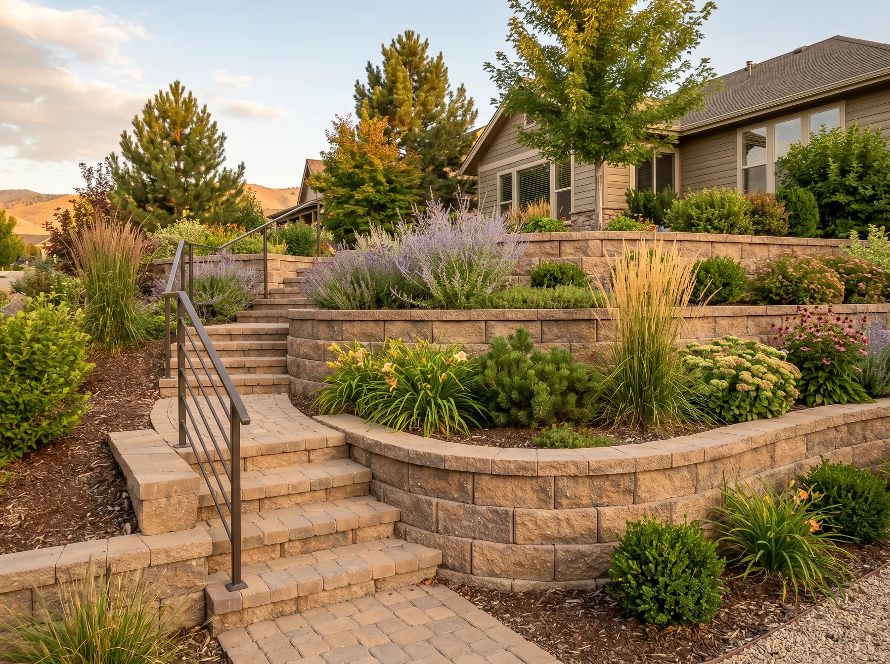 Engineered retaining wall with integrated steps in Eagle, Idaho